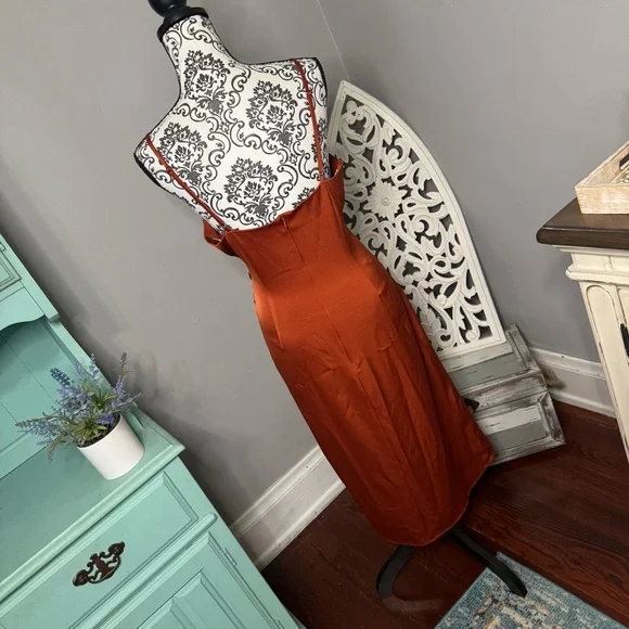 Lulus Satin Drape Midi Slip Dress Size Large Rust Orange Wedding Guest - Picture 6 of 10